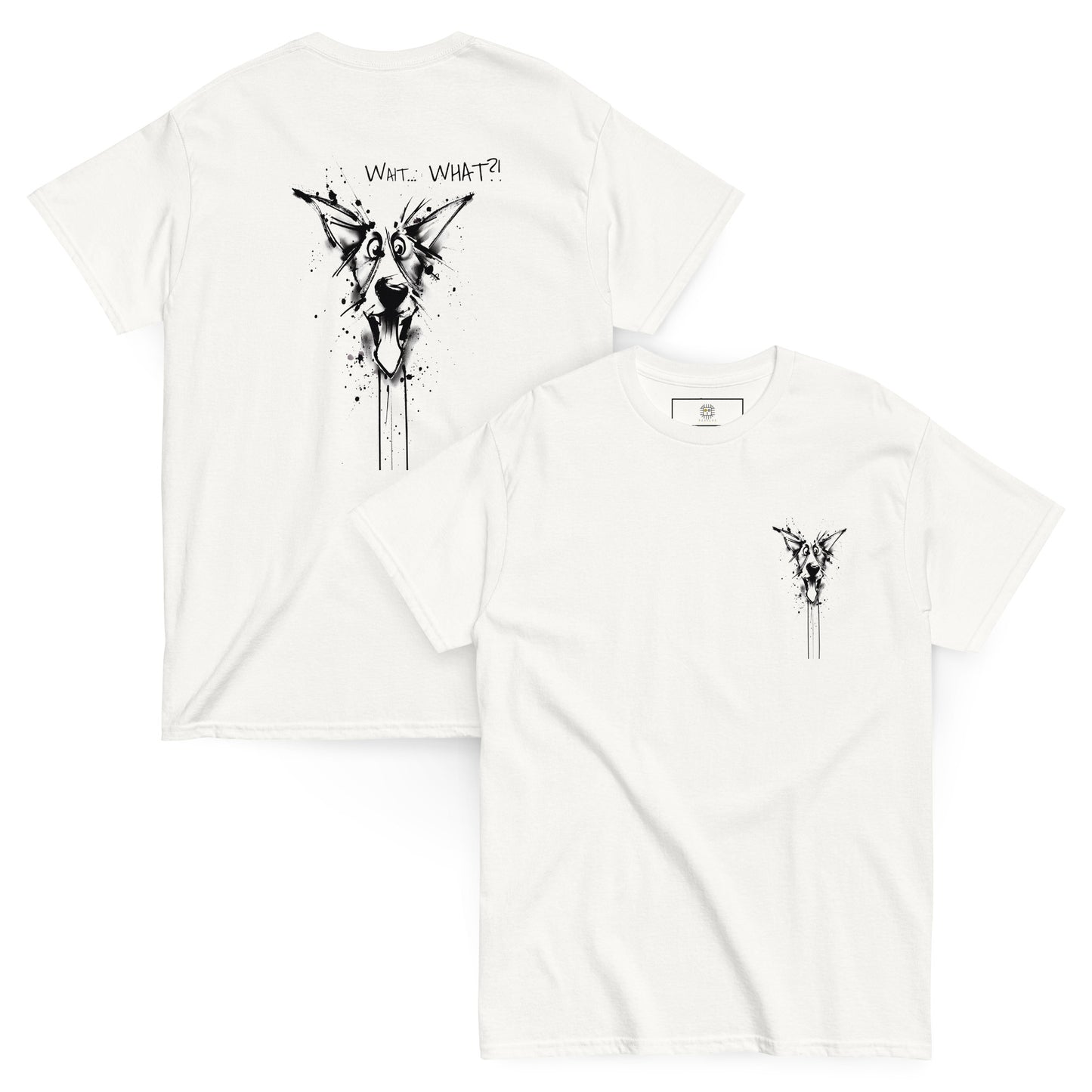 White T-shirt, front and back view, Border Collie line-art with "Wait WHAT" slogan