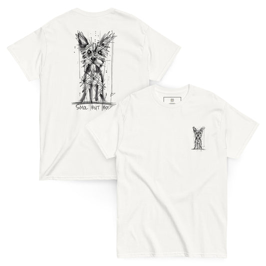 Light gray unisex T-shirt – black ink Yorkshire Terrier dog illustration, front and back view.