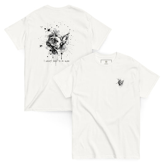 White unisex T-shirt – black ink French Bulldog illustration, front and back view.