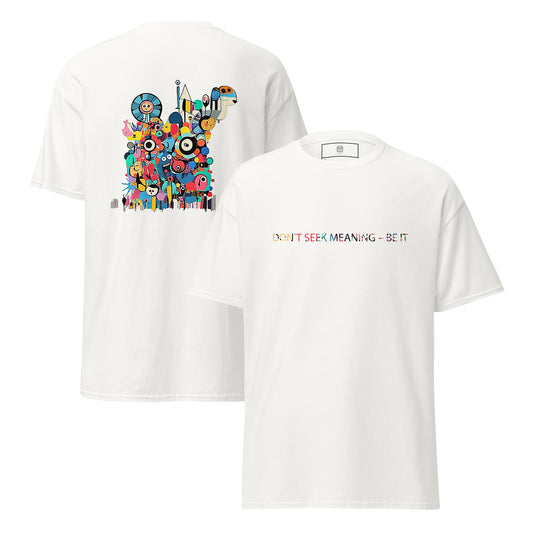 White unisex T-shirt – I Feel Normal rainbow text and colorful abstract illustration, front and back view.