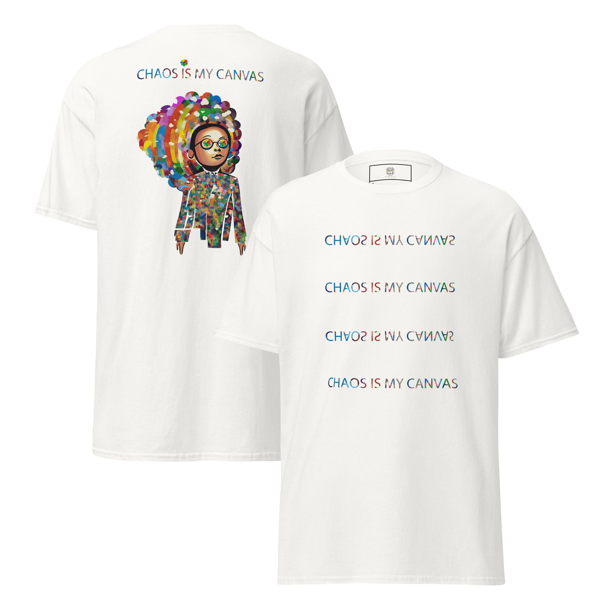 White unisex T-shirt – Chaos Is the Courtesy text and colorful Japanese pop art portrait, front and back view.