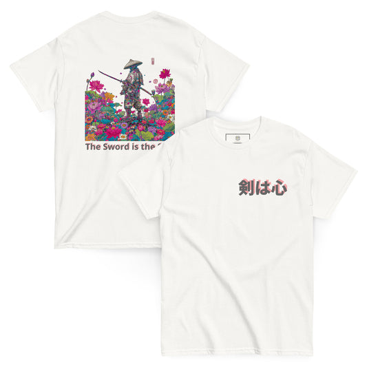 White unisex T-shirt – The Sword in the Lotus samurai design, front and back view.