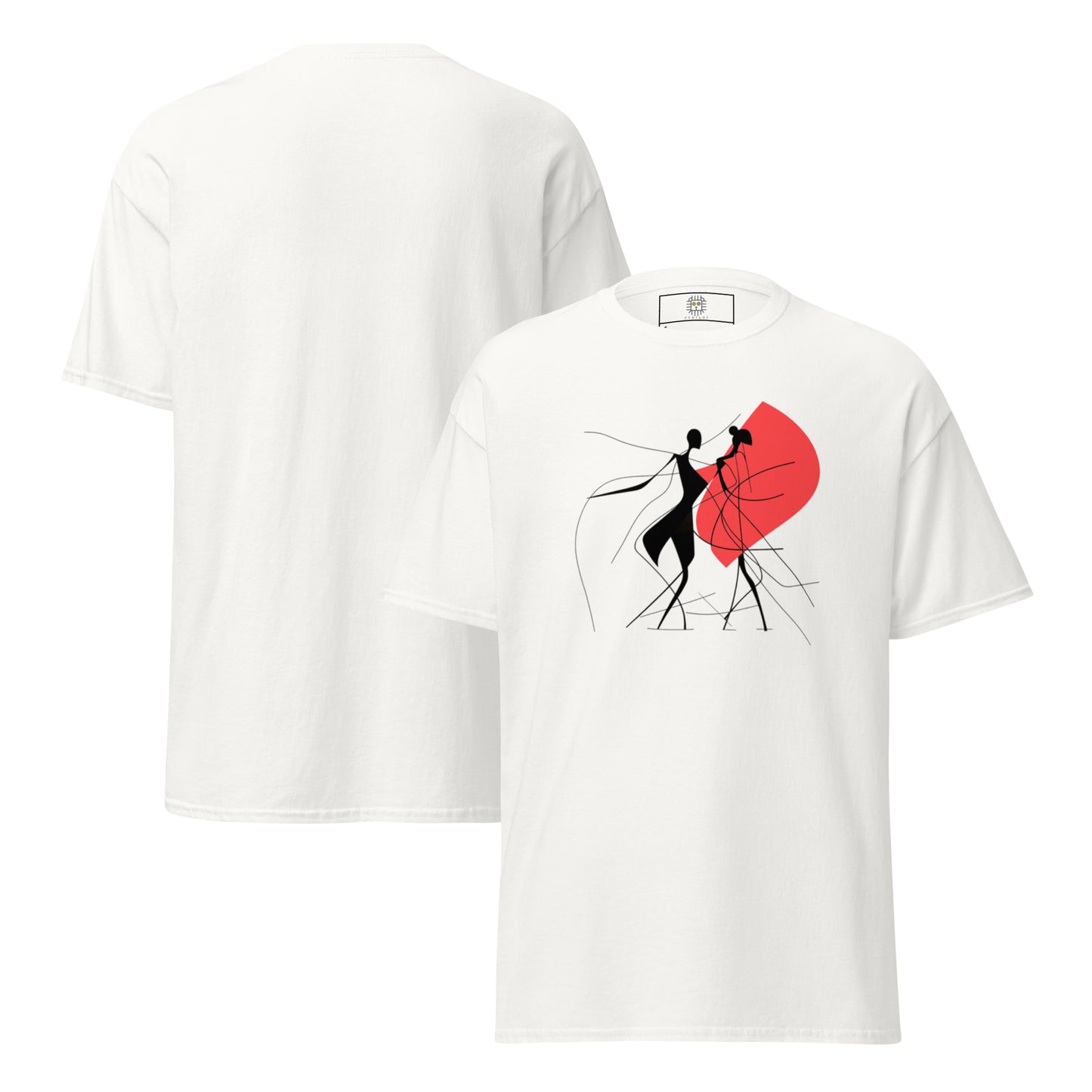 White t-shirt with minimalist black line illustration of a woman pulling against a large red circle – Fluid Elegance Collection