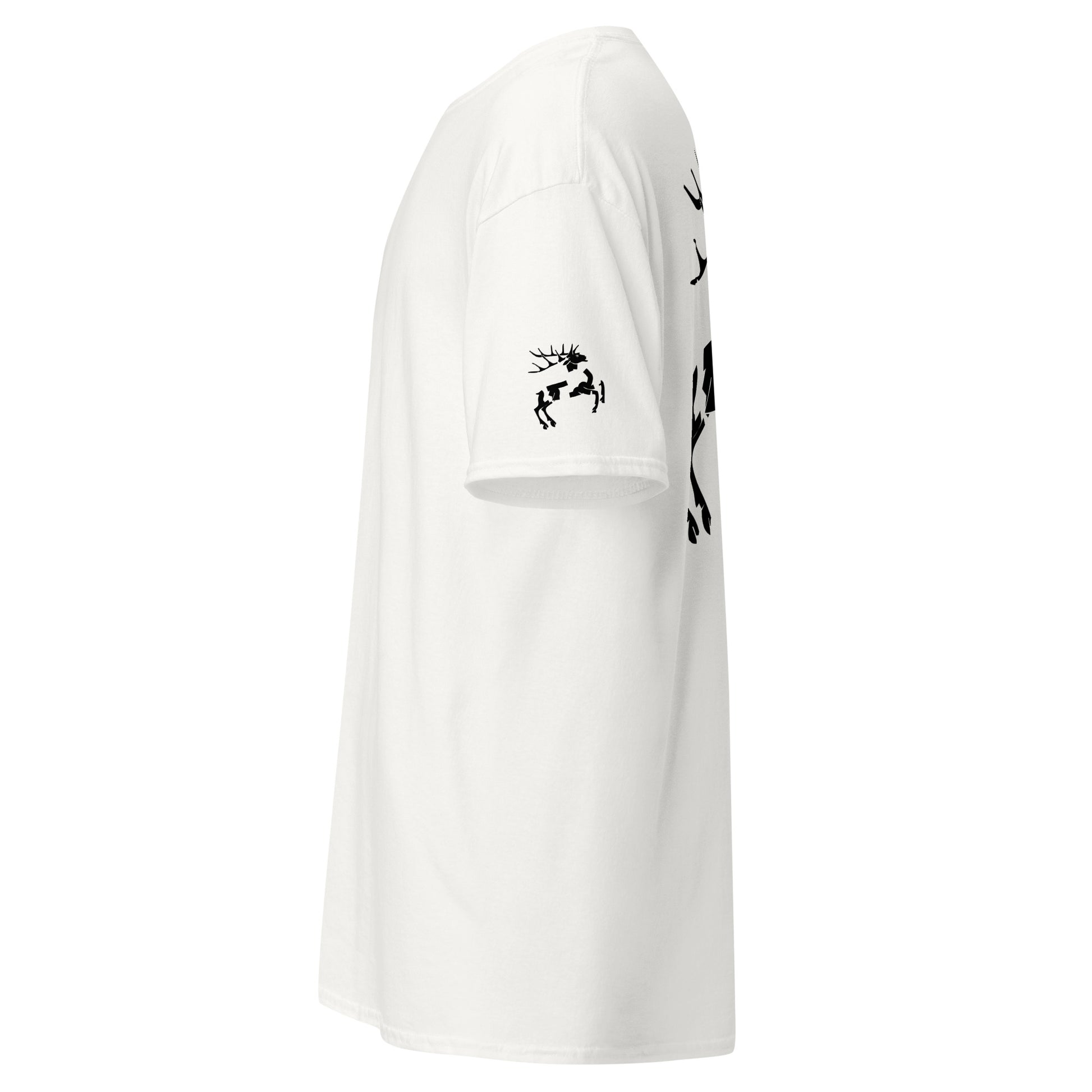 Side view of the white t-shirt showing the clean fit and smooth fabric. The graphic remains sharp and high-contrast from different angles.