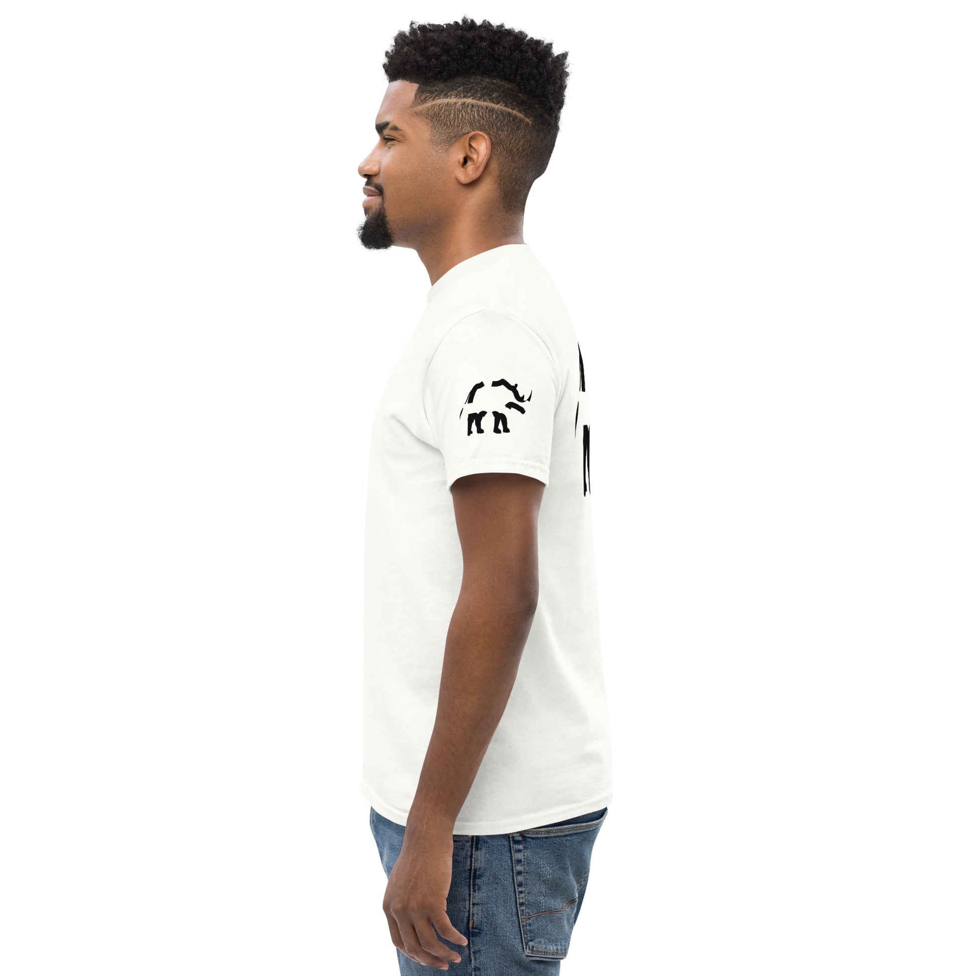 Three-quarter angle showing the transition from the blank front to the graphic back. The print placement aligns precisely with the upper torso.