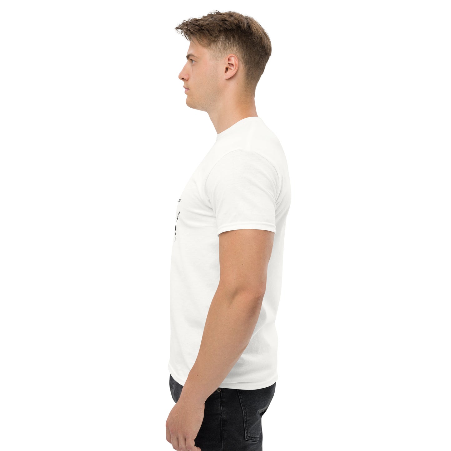 Side view of the white t-shirt showing the relaxed fit and smooth fabric drape. No side graphics are present, maintaining a minimal and uncluttered appearance.