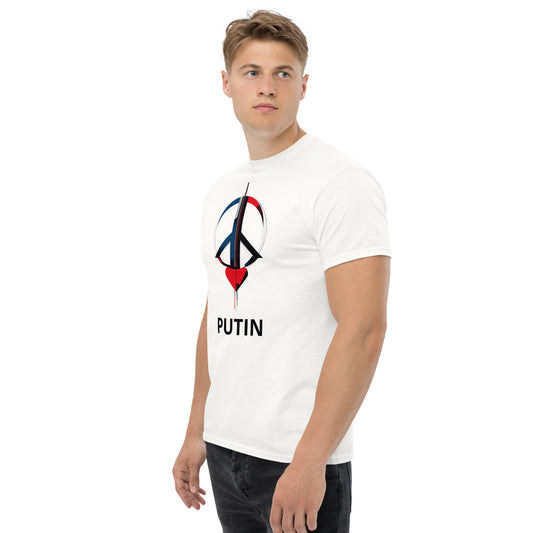 Male model wearing a white unisex t-shirt with a symbolic peace sign graphic in red, blue, and black, representing leadership and political responsibility, with PUTIN text below the artwork.