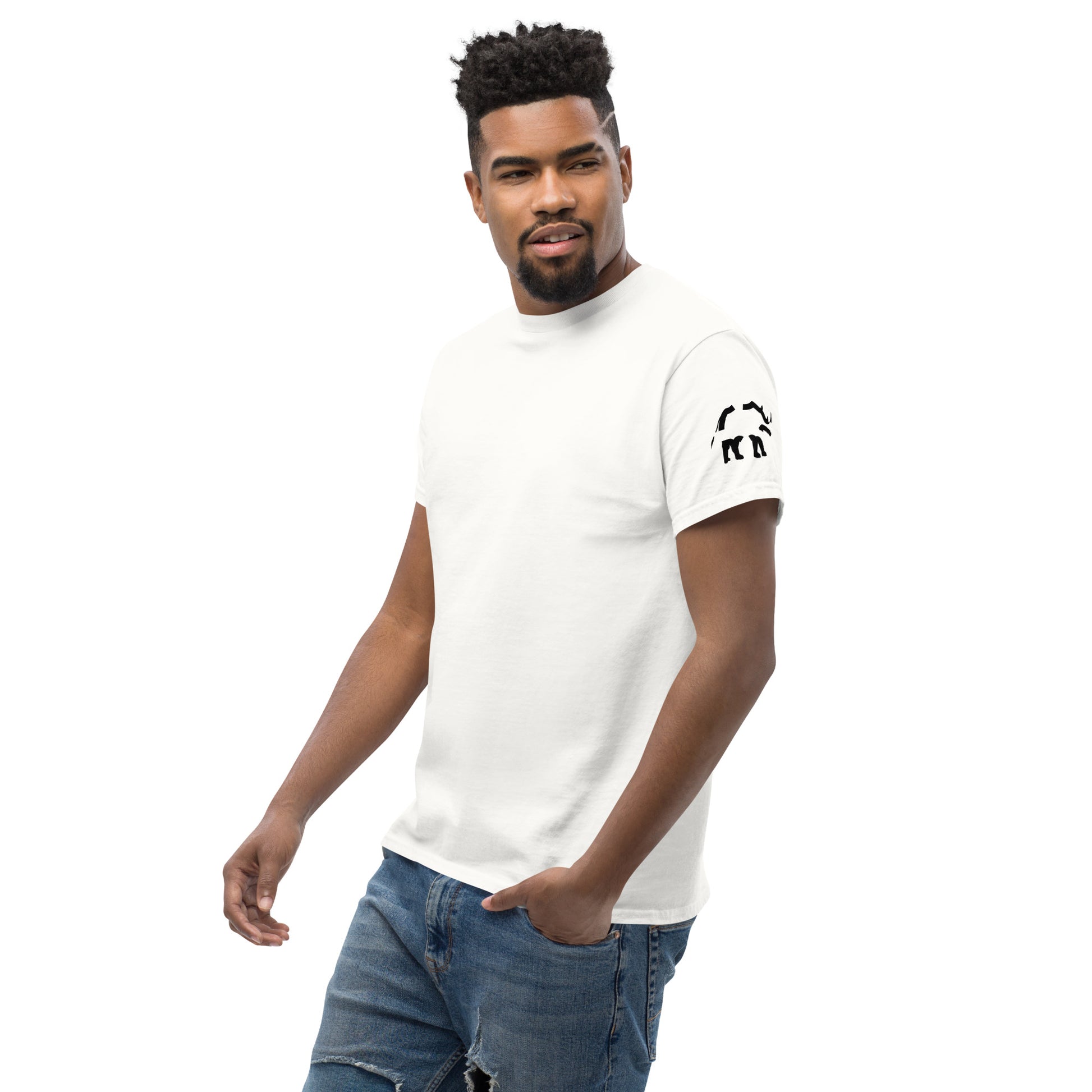 Dynamic angled view capturing the t-shirt in motion. The fragmented shapes maintain clarity and spacing without visual distortion.