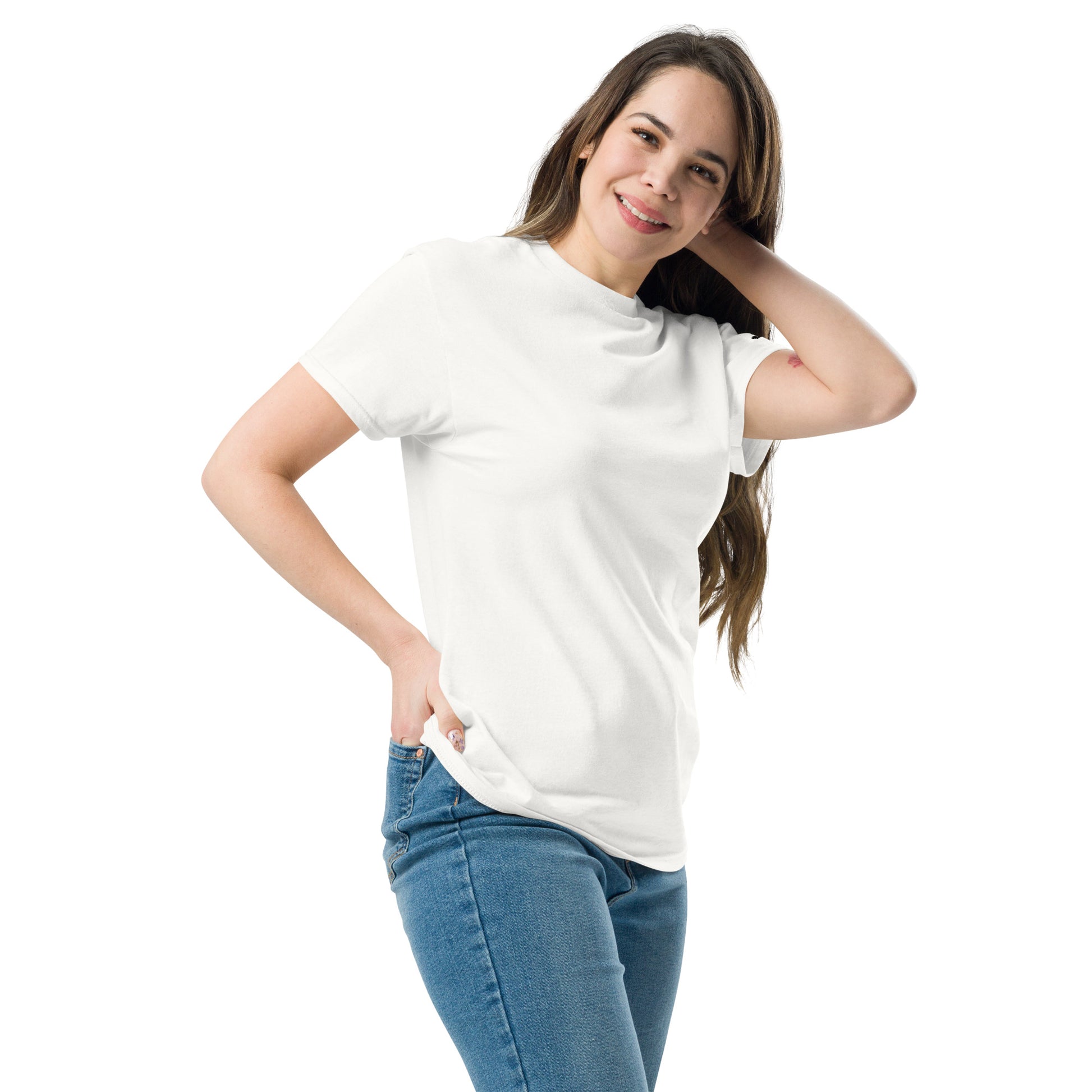 Angled front view of a white modern t-shirt styled casually. Minimalist graphic tee with understated design and everyday wear appeal.