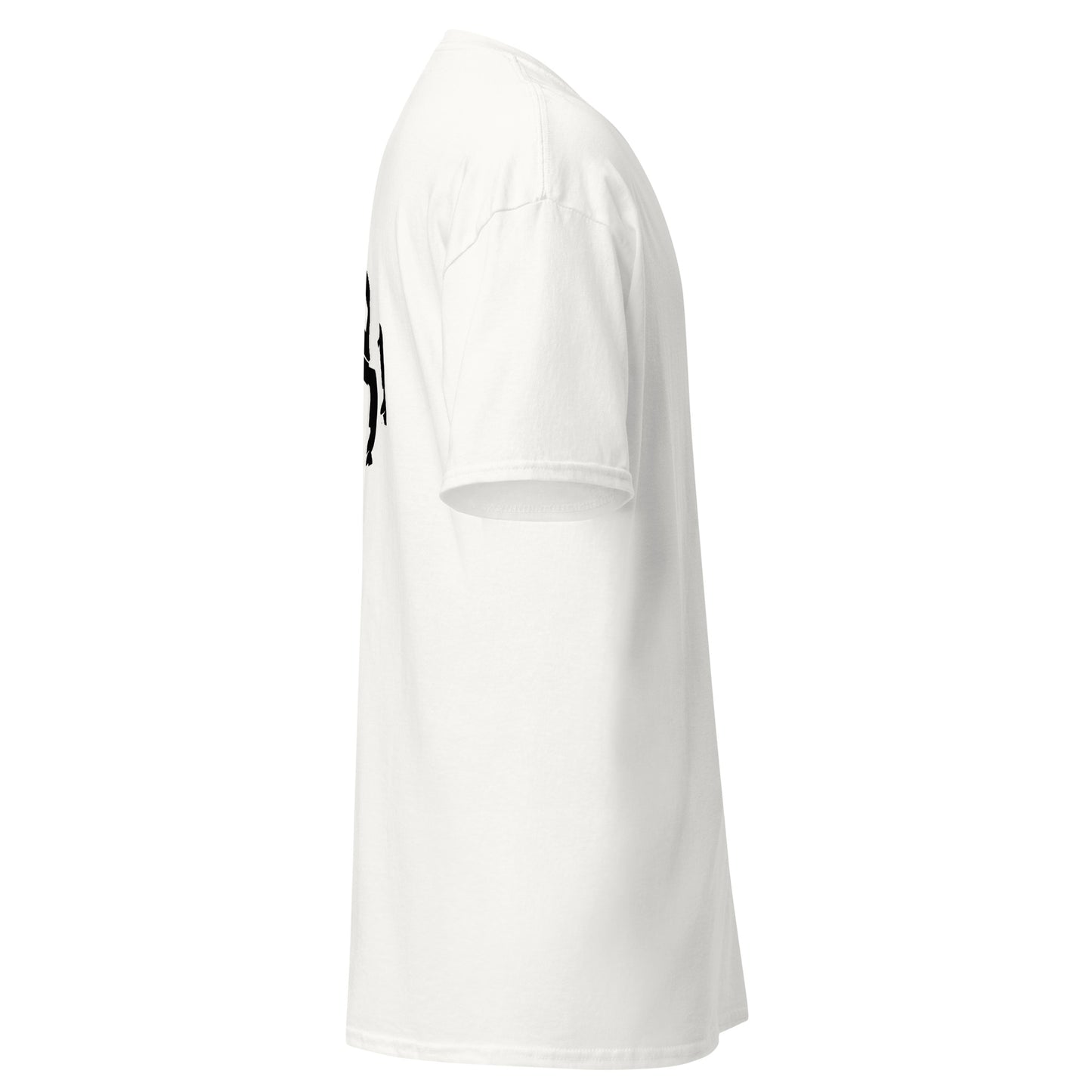 Side view of the white t-shirt showing the clean fit and smooth fabric. The graphic remains sharp and high-contrast from different angles.