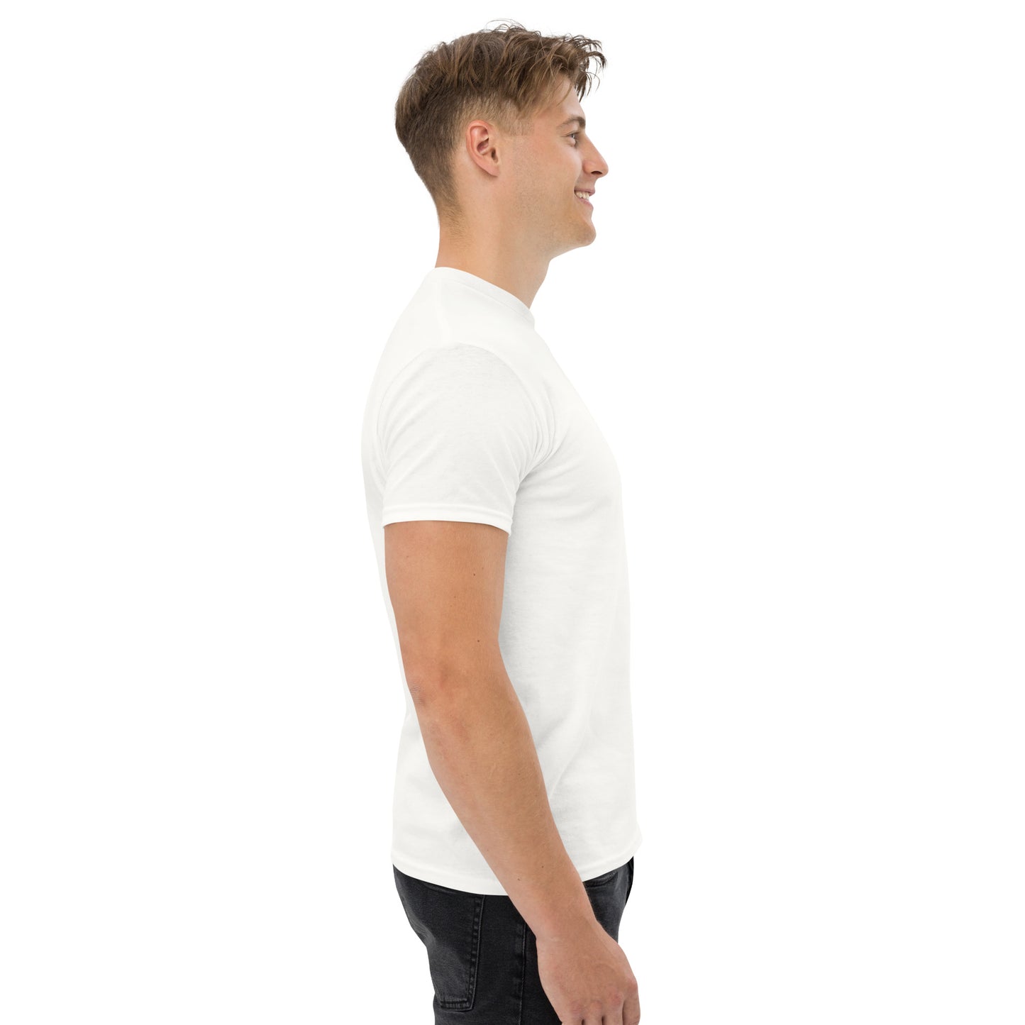 Angled view of the model in motion, showing how the back graphic interacts with body movement. The fragmented shapes remain visually distinct and structured.