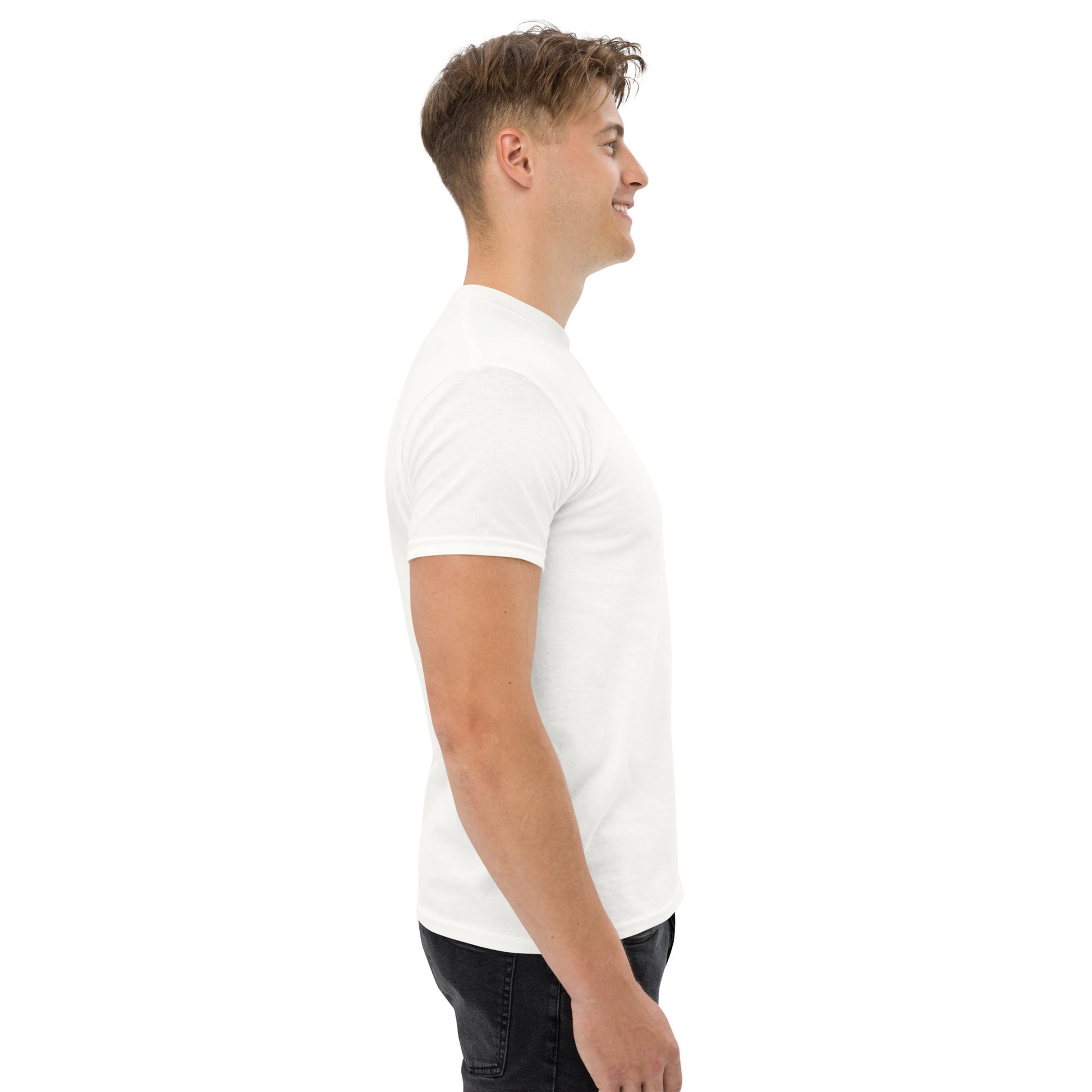 Angled view of the model in motion, showing how the back graphic interacts with body movement. The fragmented shapes remain visually distinct and structured.