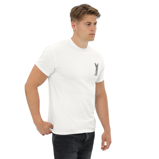 White unisex T-shirt – black ink Yorkshire Terrier dog illustration, front view on male model.