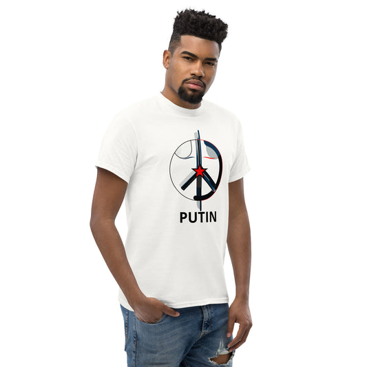 Male model wearing a white unisex t-shirt with a bold peace sign graphic and PUTIN text on the chest.