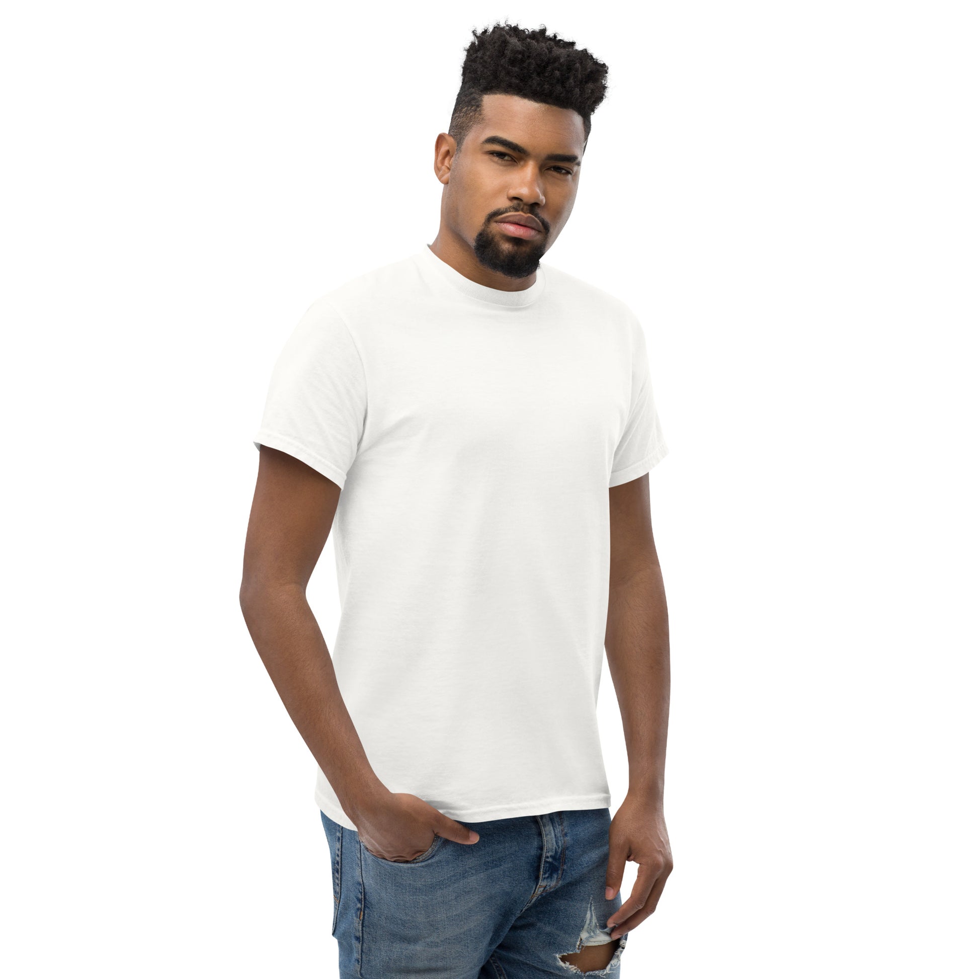 Three-quarter front view of the model wearing the white t-shirt. The minimal front and subtle sleeve detail maintain a restrained and balanced appearance.