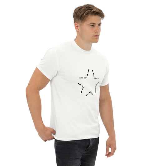 Front view of the t-shirt worn by a model. The dashed star remains clearly visible while the clean silhouette and neutral color keep the focus on the graphic.