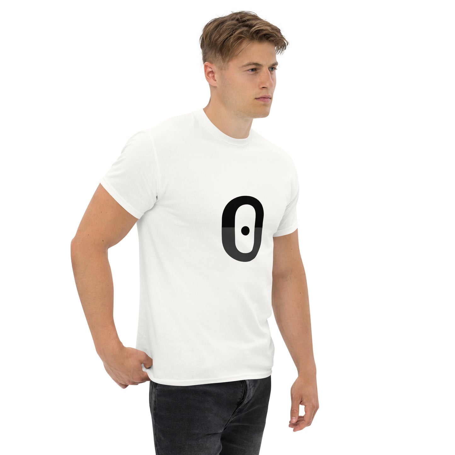 Three-quarter front view of the white t-shirt worn by a model. The centered zero symbol remains clearly visible while the relaxed fit emphasizes balance and proportion.