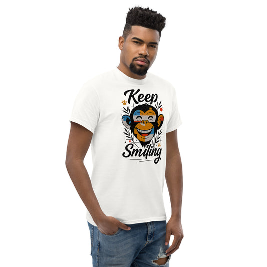 man wearing white t shirt with keep smiling monkey graphic front view