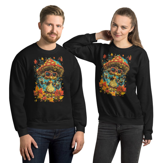 A man and a woman wearing black crewneck sweatshirts with a colorful cartoon mushroom design surrounded by autumn leaves.