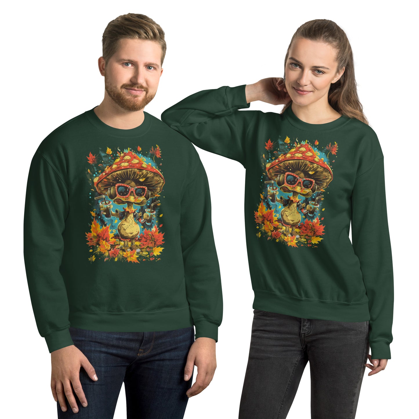 A man and woman in matching green crewneck sweatshirts with the autumn mushroom print.