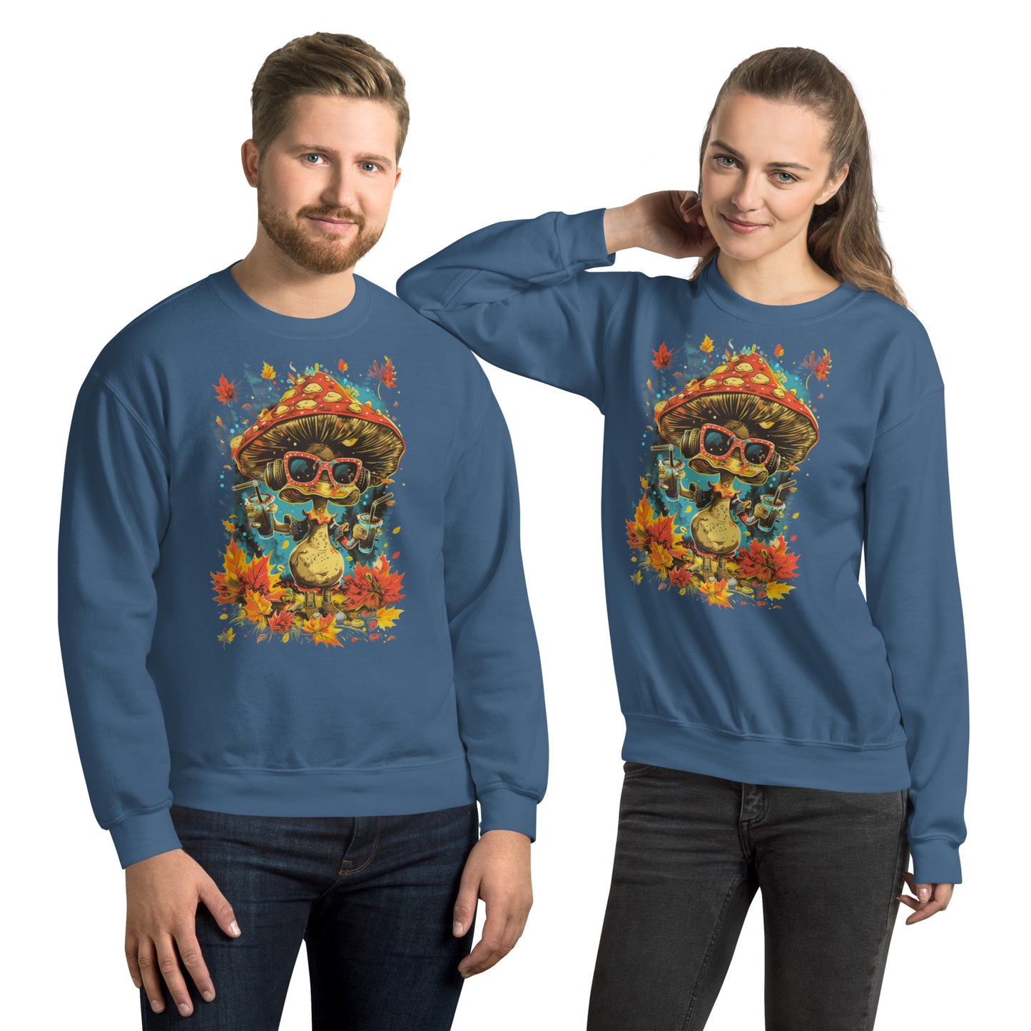 A pair wearing blue crewneck sweatshirts with the funny mushroom illustration and leaves.