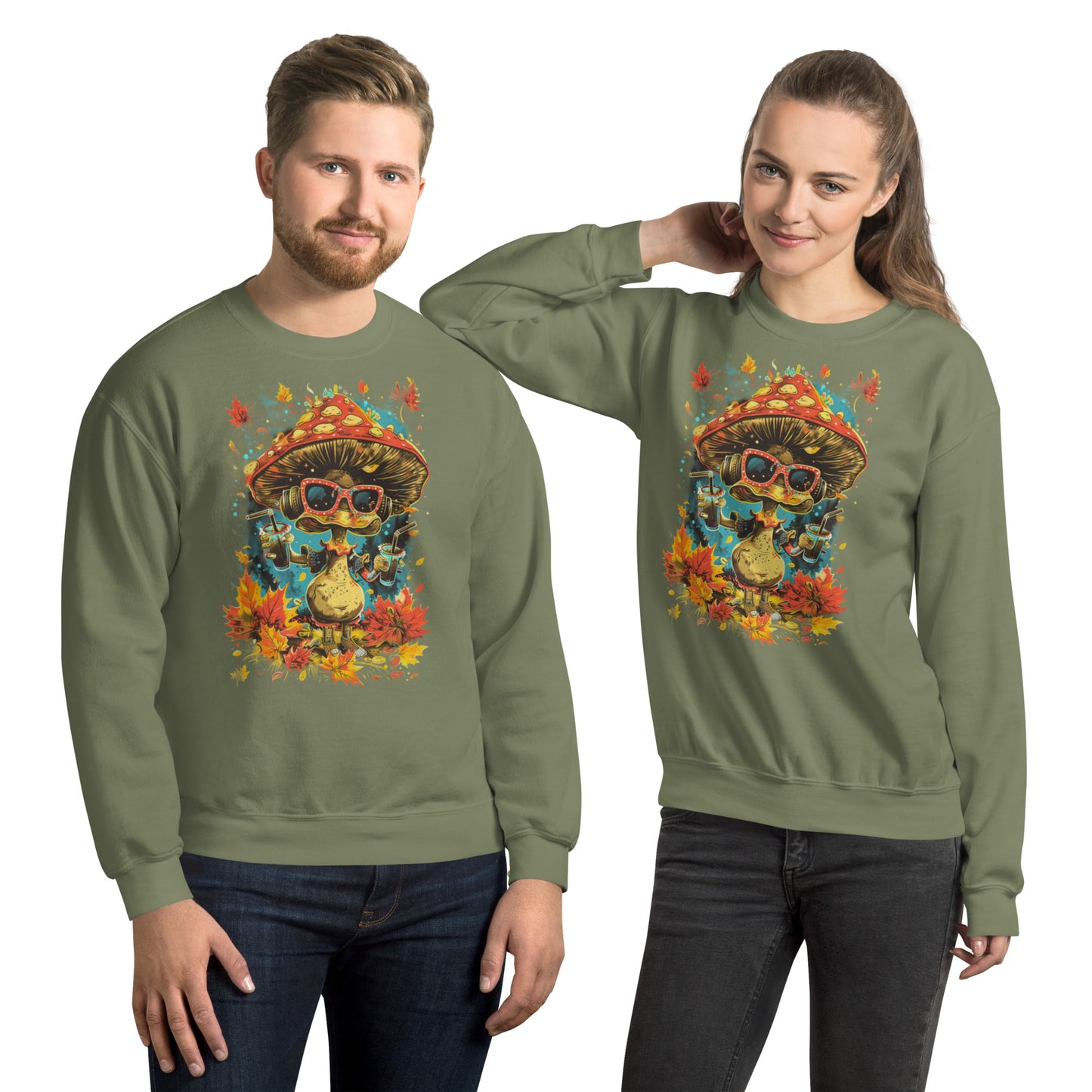 Two people in olive crewneck sweatshirts with the mushroom and autumn design.