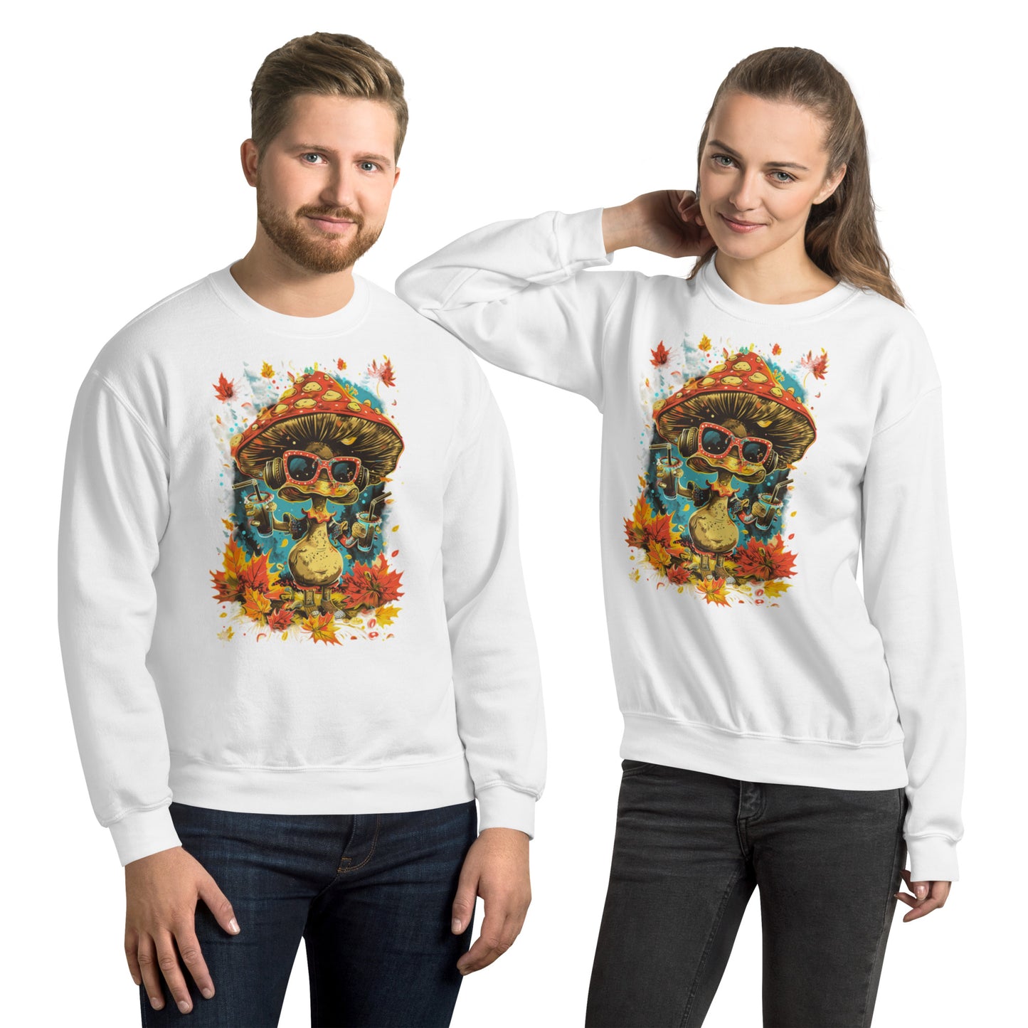 A man and a woman wearing white crewneck sweatshirts with the cartoon mushroom holding drinks.