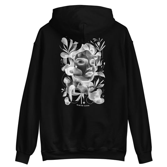 Black unisex hoodie with large abstract geometric portrait print on the back