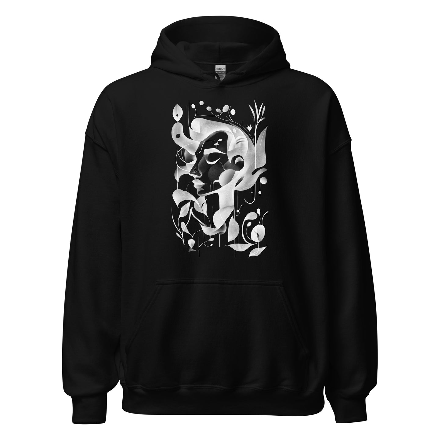 Black unisex hoodie with white geometric portrait print on the front