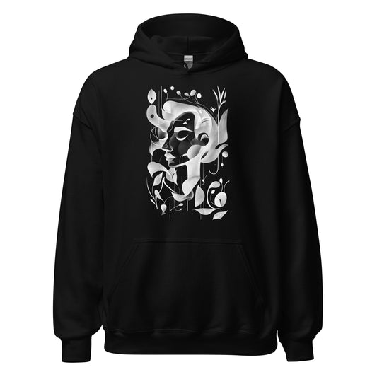 Black unisex hoodie with white geometric portrait print on the front