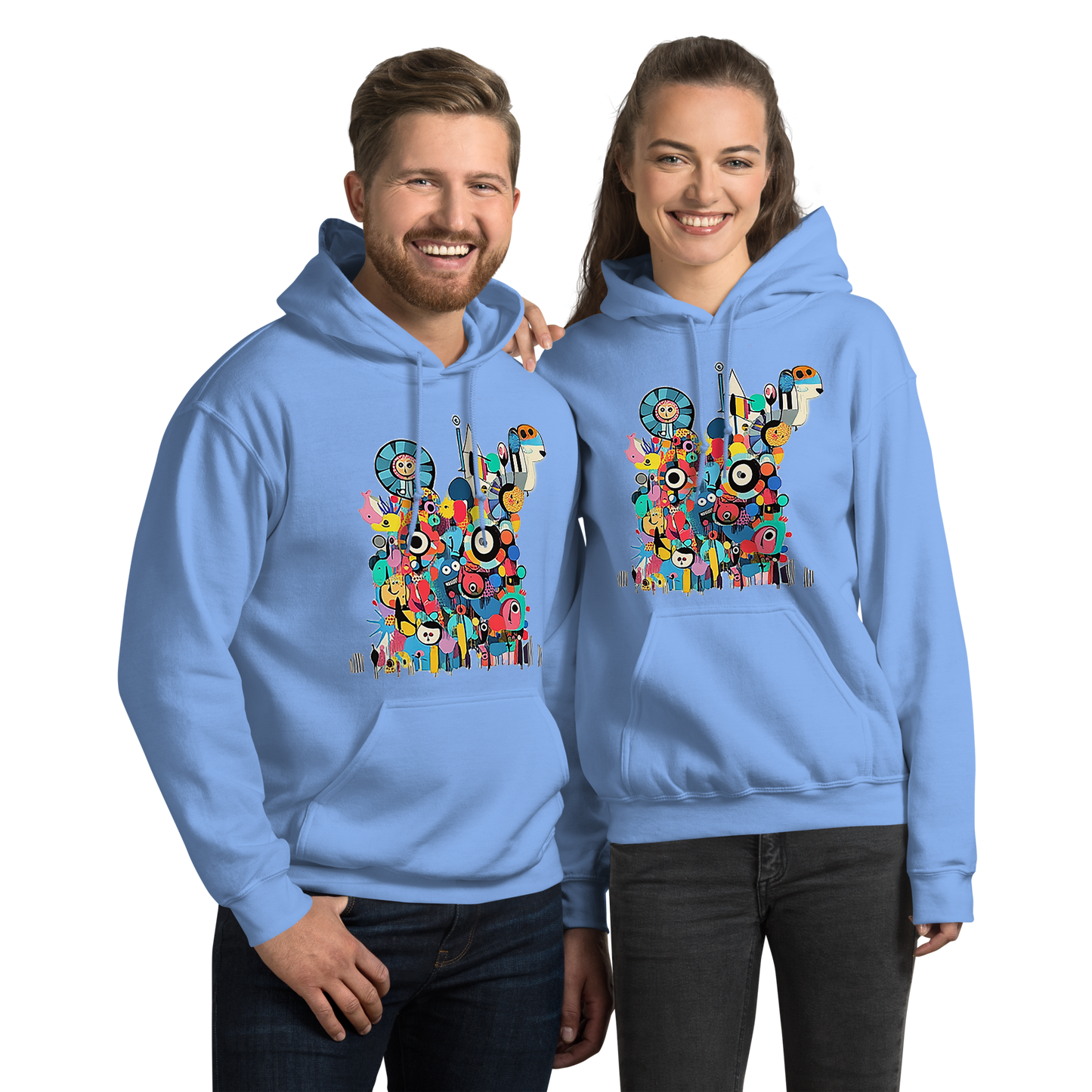**Alt Text:**

Blue unisex hoodies worn by a man and a woman, featuring a colorful Japanese pop art graphic with playful characters, geometric shapes, and vibrant streetwear artwork from the Japan Pop Chaos collection.
Product mockup