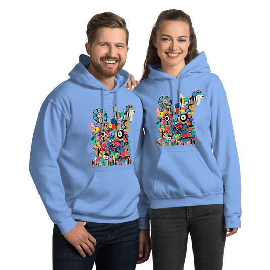**Alt Text:**

Blue unisex hoodies worn by a man and a woman, featuring a colorful Japanese pop art graphic with playful characters, geometric shapes, and vibrant streetwear artwork from the Japan Pop Chaos collection.
Product mockup