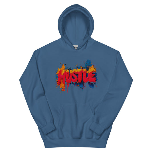 Blue Hustle hoodie flat lay with bold graffiti print in red and yellow