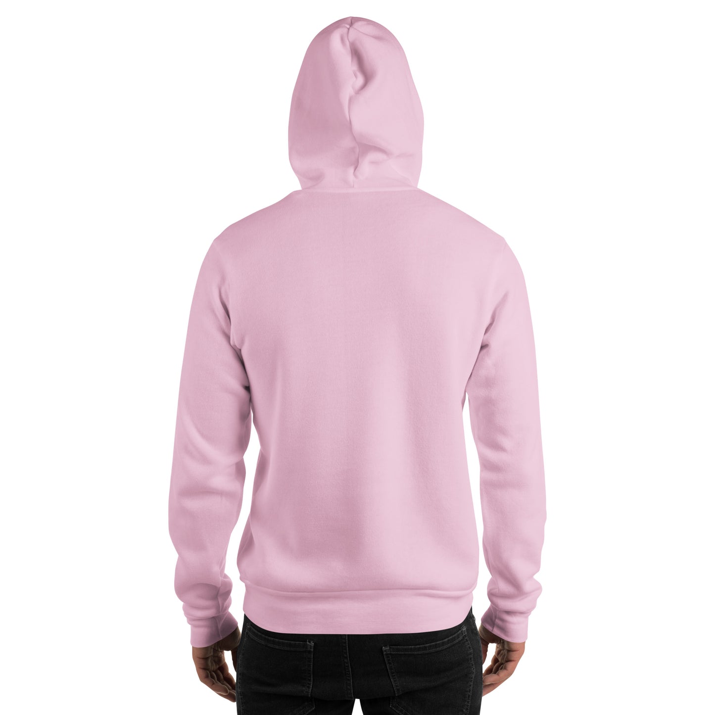 Back view of a pink unisex hoodie worn by a model, showcasing the relaxed fit, hood construction, and minimalist everyday streetwear silhouette.