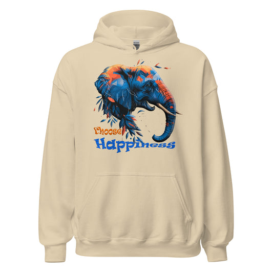 beige hoodie with colorful elephant graphic choose happiness typography