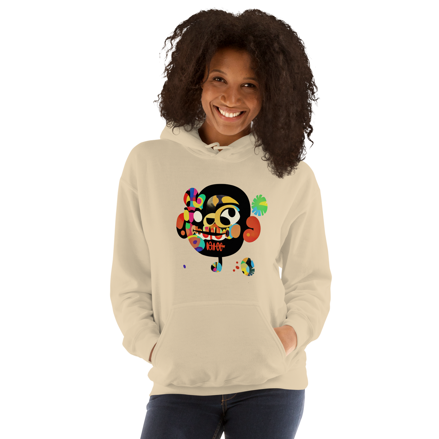 Sand unisex hoodie featuring a colorful abstract Japanese pop art skull graphic from the Japan Pop Chaos collection. Relaxed fit with front pouch pocket and drawstring hood.