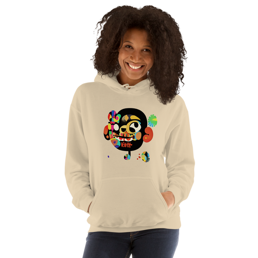 Sand unisex hoodie featuring a colorful abstract Japanese pop art skull graphic from the Japan Pop Chaos collection. Relaxed fit with front pouch pocket and drawstring hood.