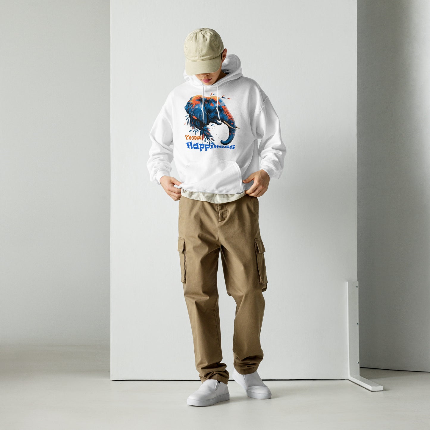 man wearing white hoodie with colorful elephant graphic casual outfit