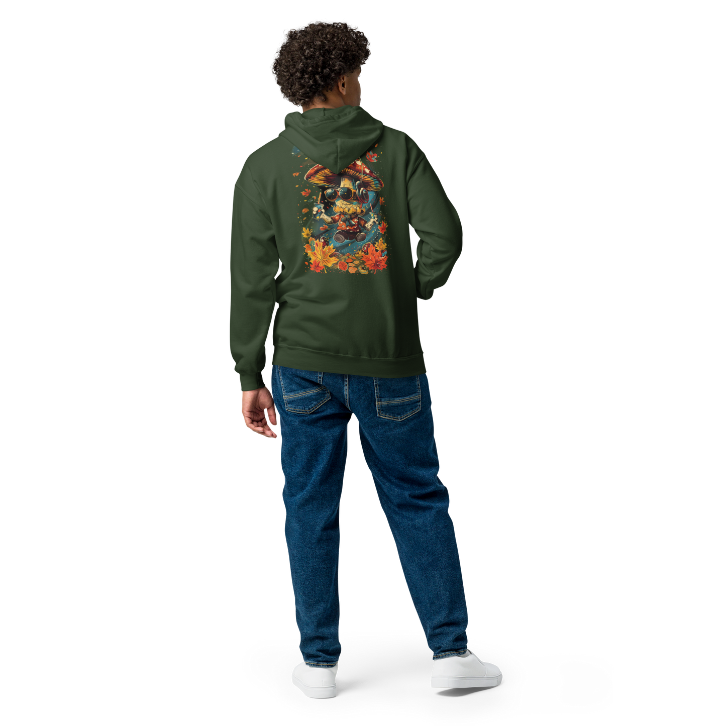 Back view of a man wearing a navy zip hoodie showcasing the detailed MushLOL graphic artwork.