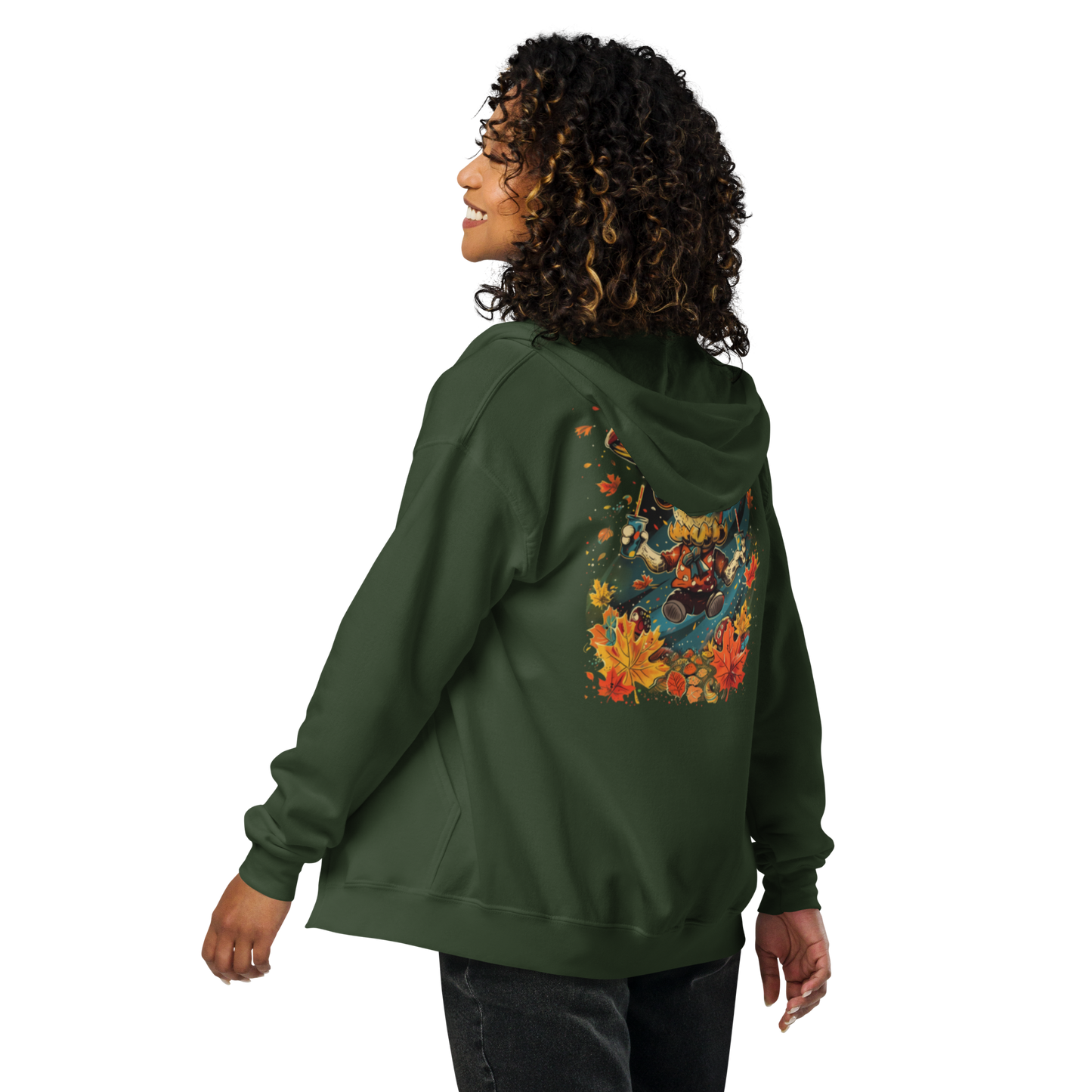 Female model wearing a navy unisex zip hoodie with the vibrant MushLOL back print from the Japan Pop Chaos collection.