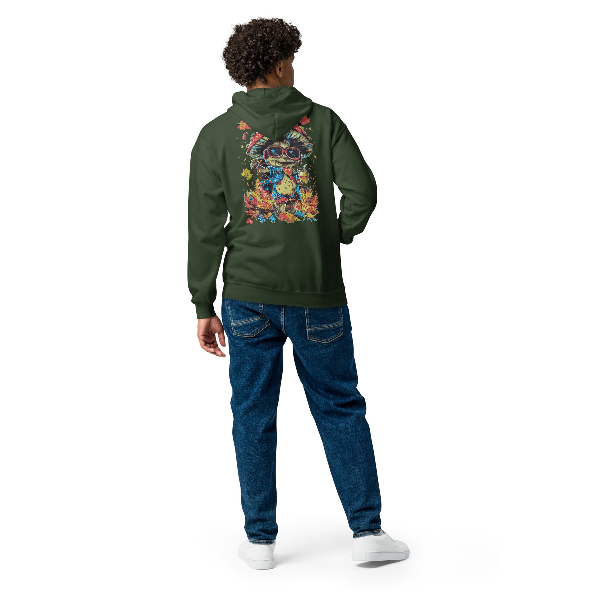 Back view of a male model wearing a navy zip hoodie with the colorful MushLOL back graphic.