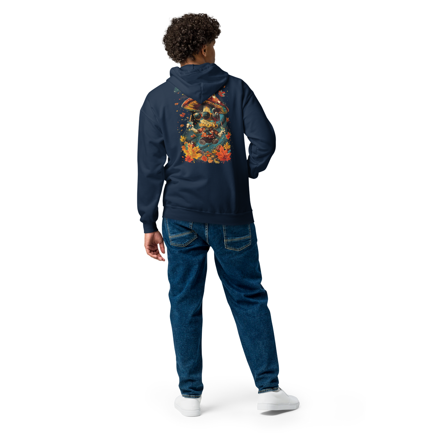 Back view of a navy unisex zip hoodie featuring a colorful MushLOL graphic print on the back from the Japan Pop Chaos collection.