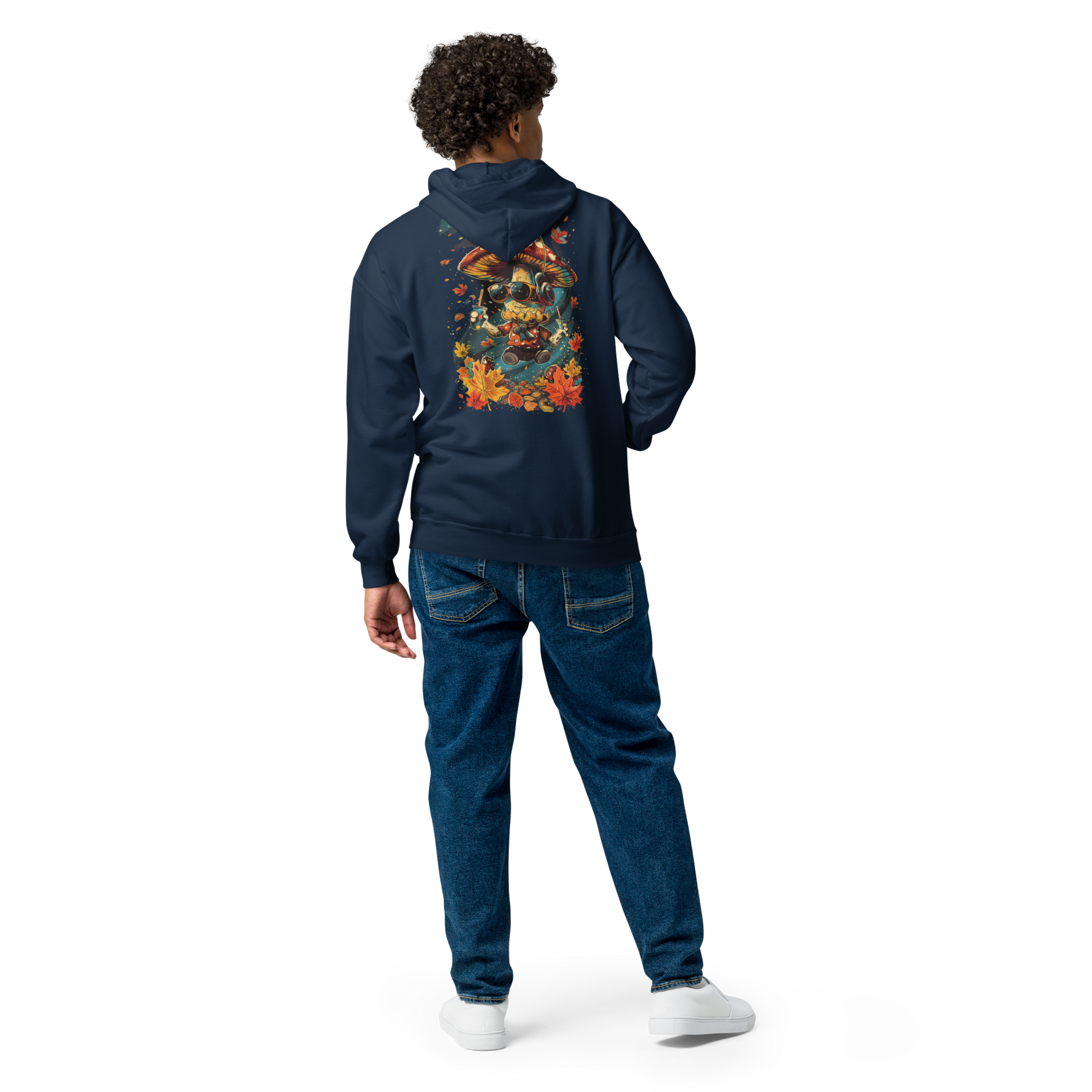 Back view of a navy unisex zip hoodie featuring a colorful MushLOL graphic print on the back from the Japan Pop Chaos collection.