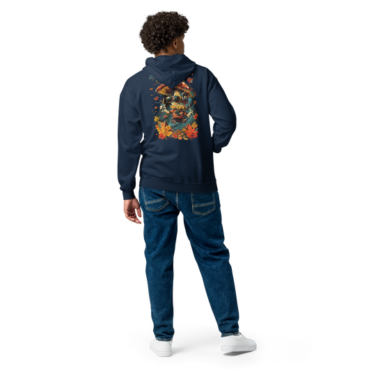 Back view of a navy unisex zip hoodie featuring a colorful MushLOL graphic print on the back from the Japan Pop Chaos collection.