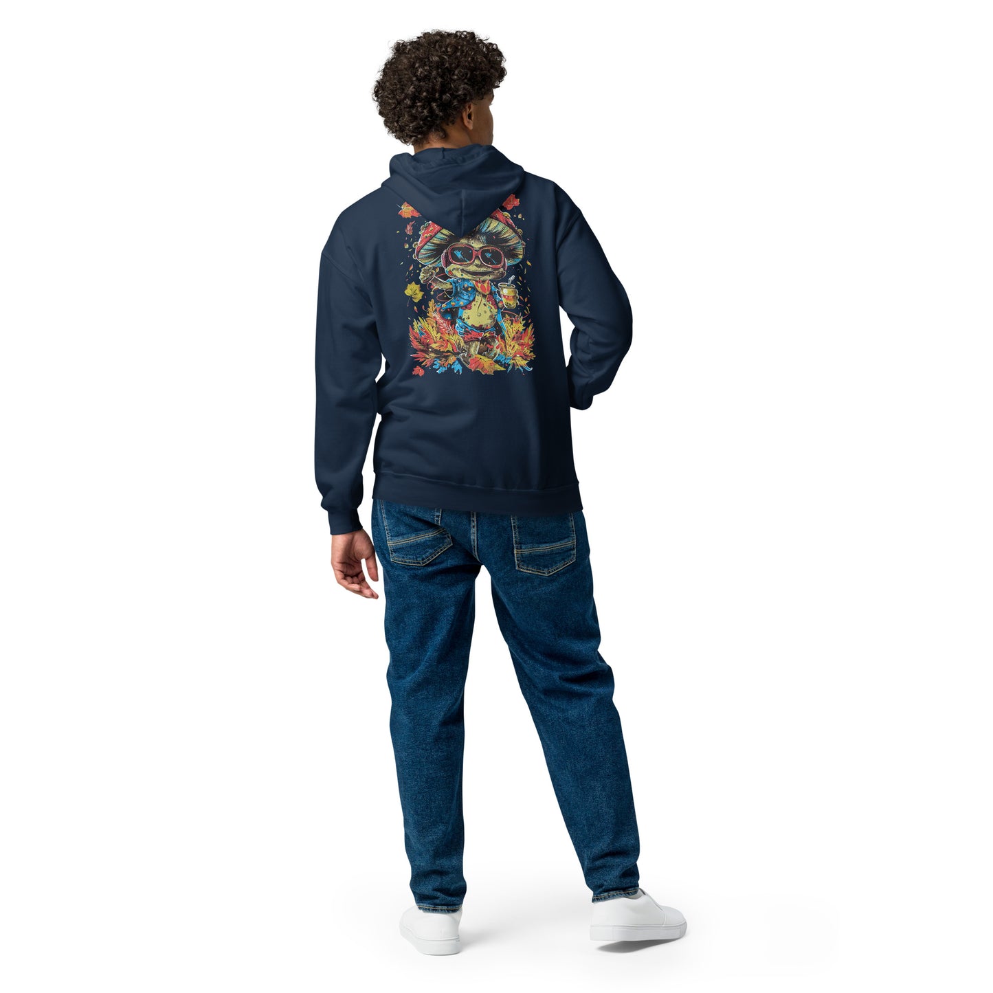 Back view of a navy unisex zip hoodie featuring the MushLOL graphic print from the Japan Pop Chaos collection.