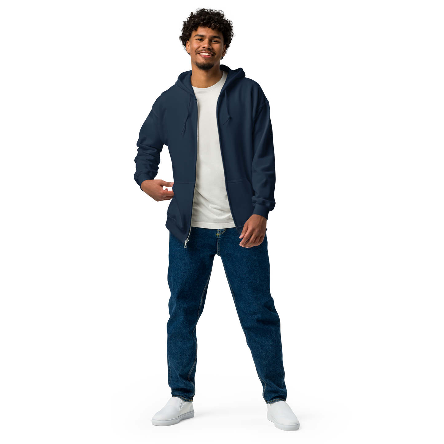 Male model wearing a navy unisex zip hoodie with a colorful MushLOL back graphic from the Japan Pop Chaos collection.