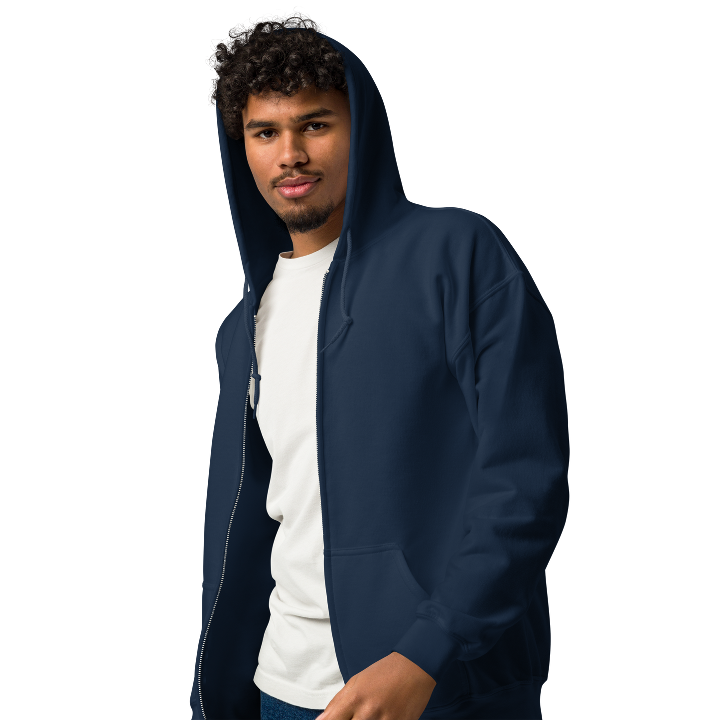 Front view of a navy unisex zip hoodie with a clean minimalist front, full-length zipper, and hood.