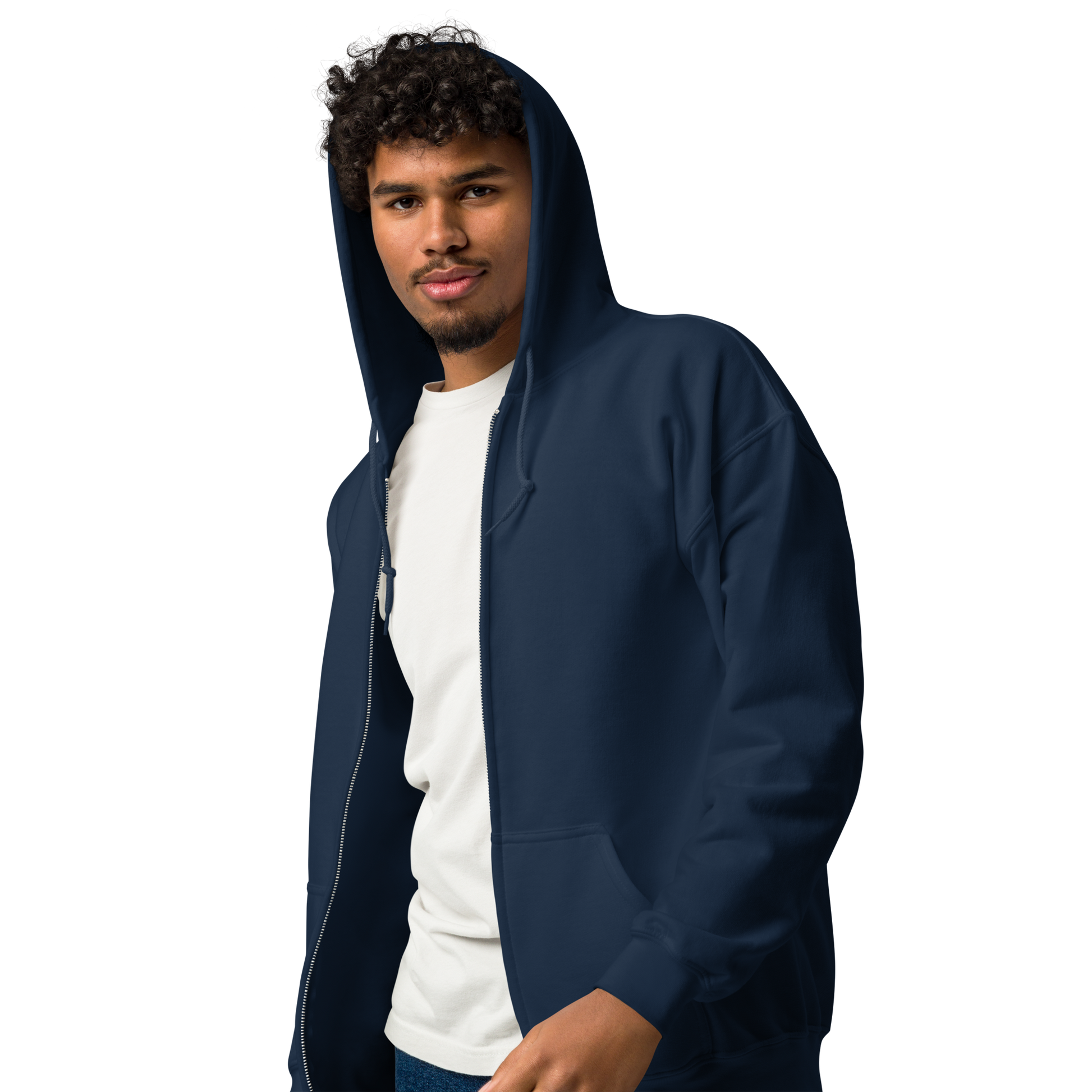 Front view of a navy unisex zip hoodie with a clean minimalist front, full-length zipper, and hood.