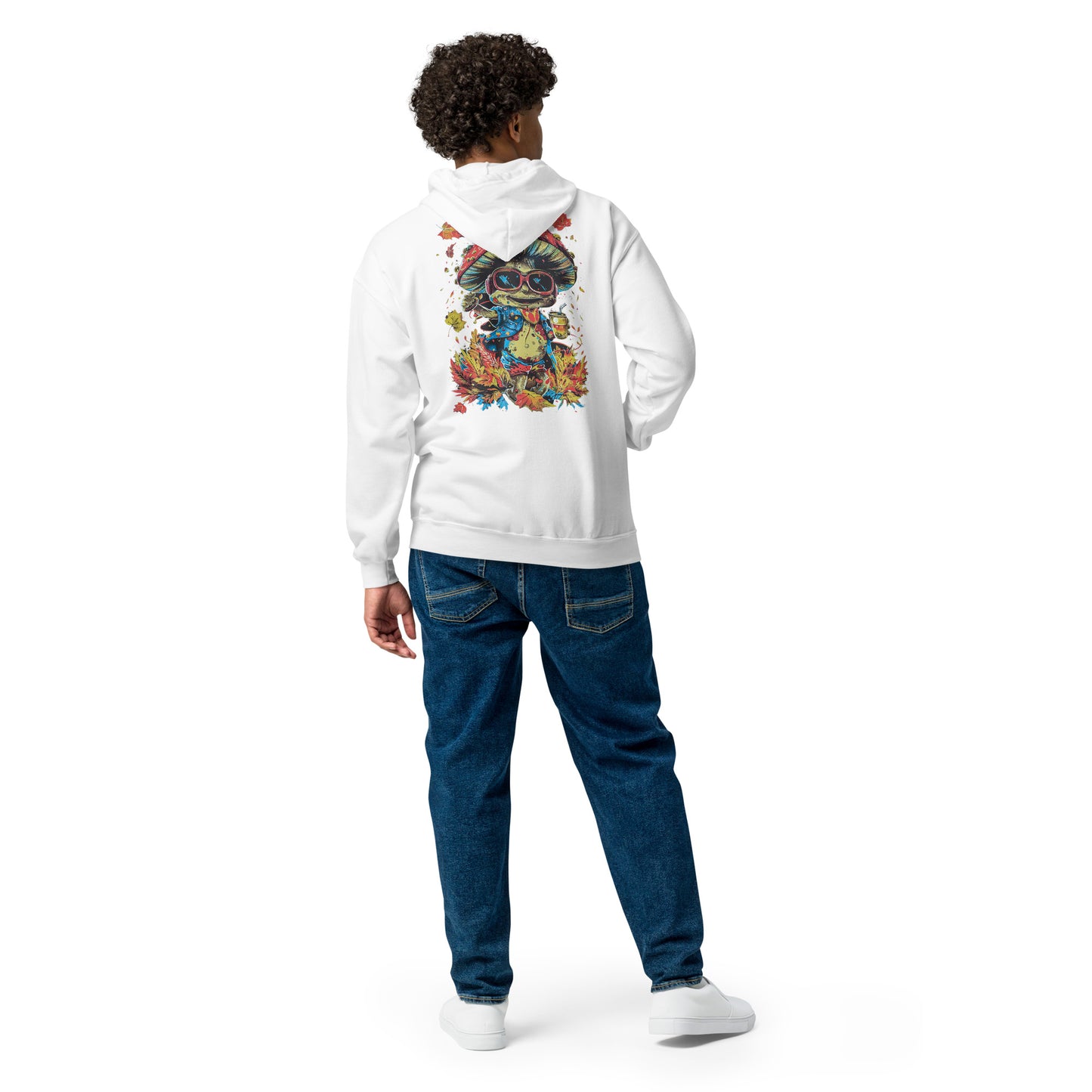 Back view of a white unisex zip hoodie featuring the MushLOL graphic print from the Japan Pop Chaos collection.