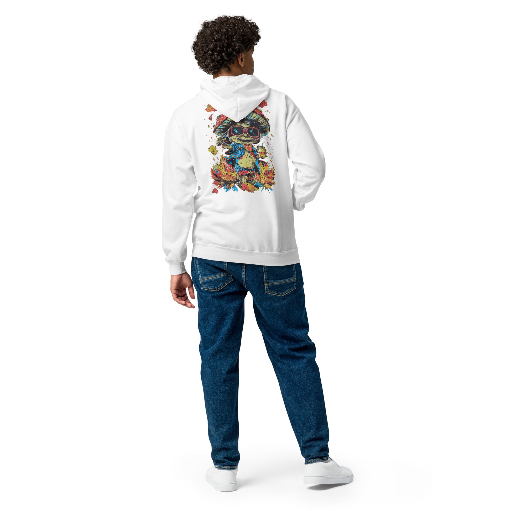 Back view of a white unisex zip hoodie featuring the MushLOL graphic print from the Japan Pop Chaos collection.
